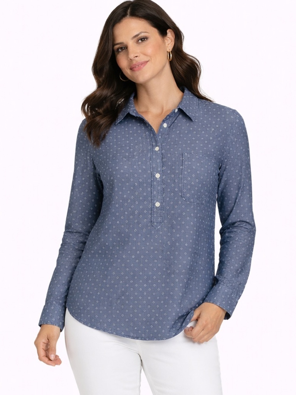 J. Crew Tunic Top Blue Polka Dot Denim-Look Popover Preppy Coastal Size Medium
